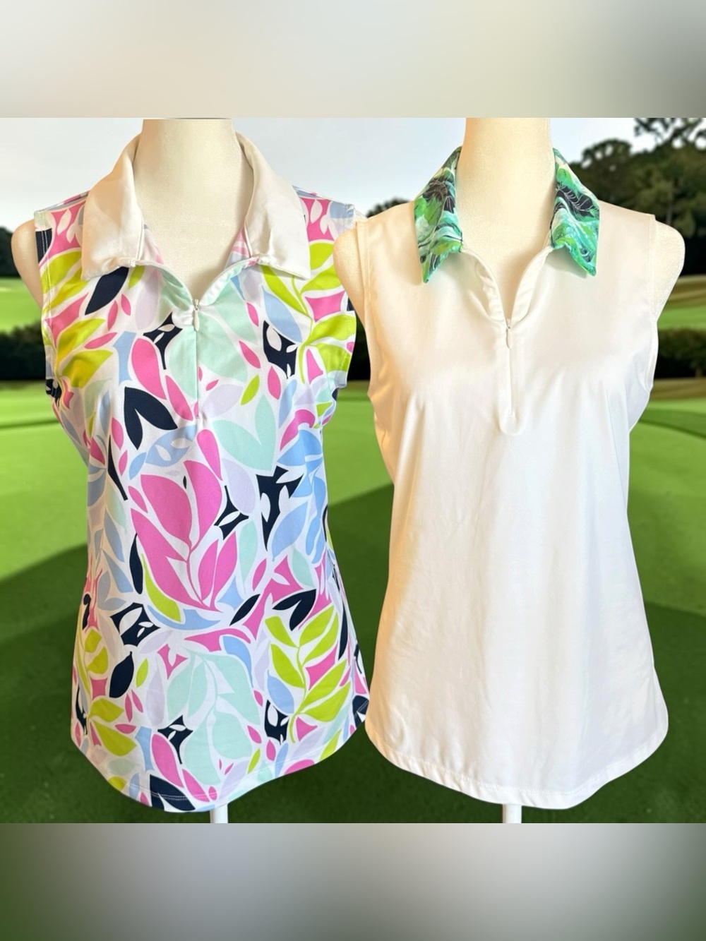 2 Tommy Bahama Collared 1/4 Zip Golf Tank Tops, White & Pastel Floral, Medium